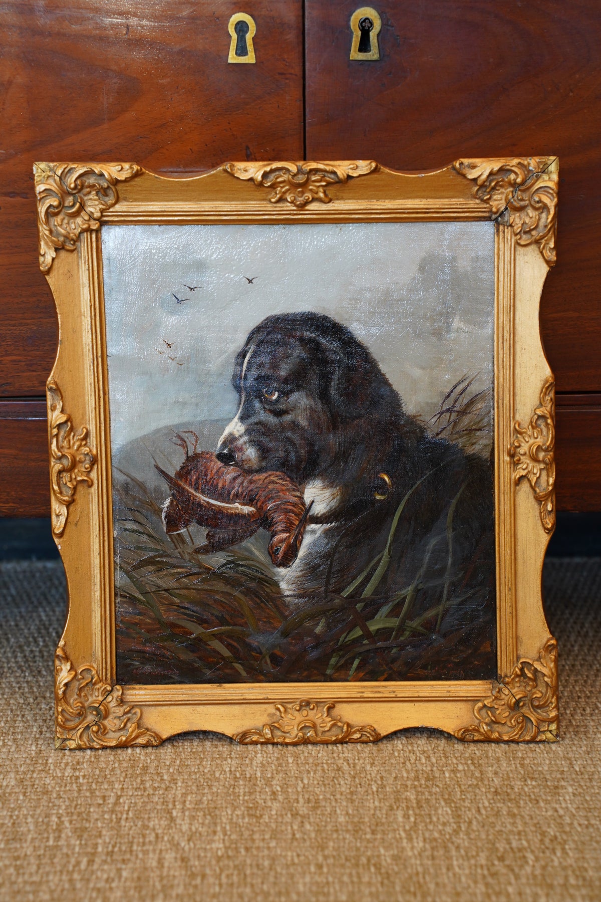 Antique Signed Hunting Dog Oil Painting