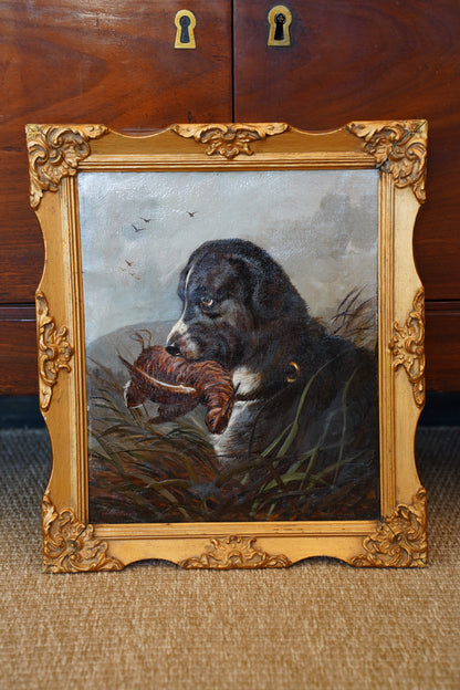 Antique Signed Hunting Dog Oil Painting