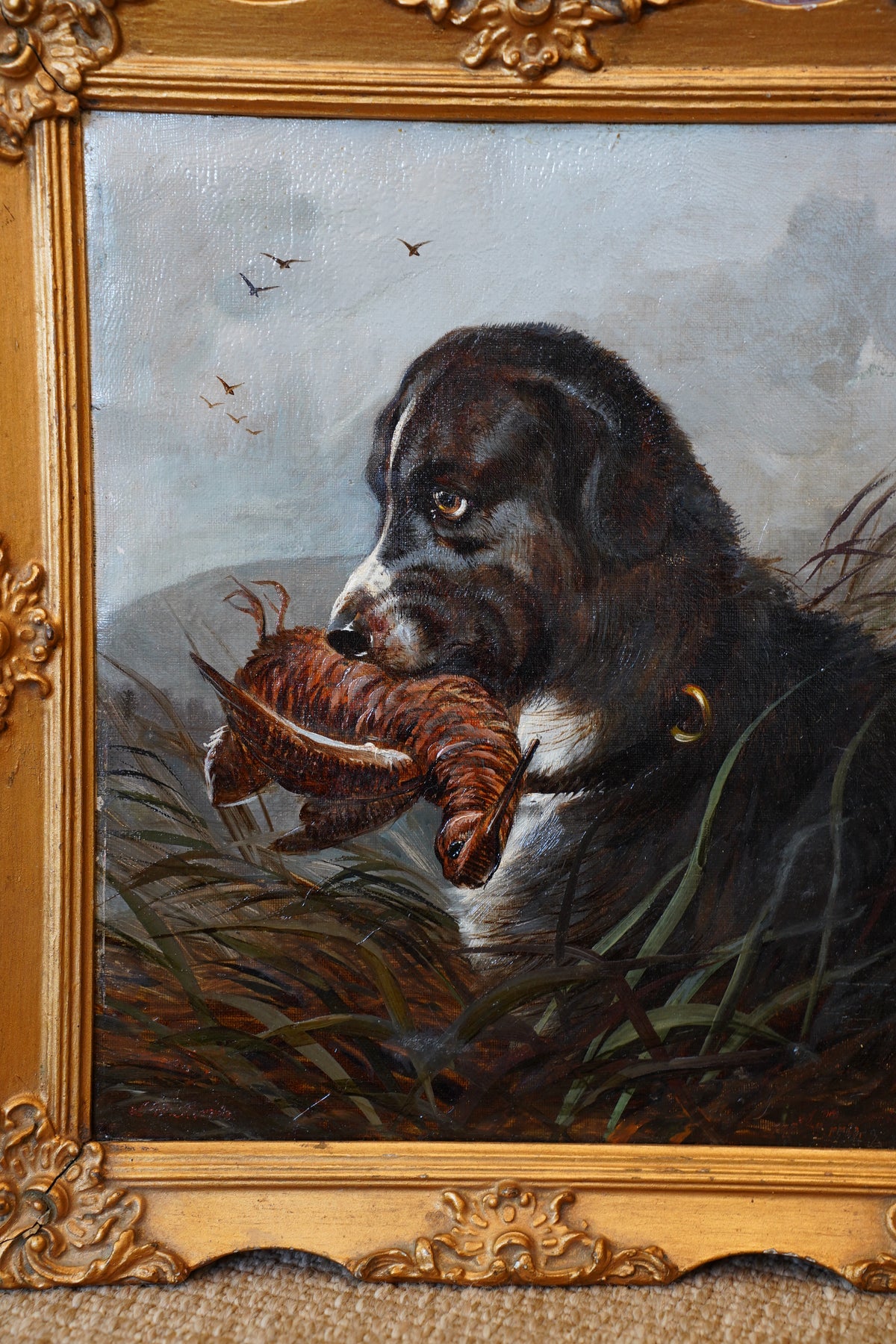 Antique Signed Hunting Dog Oil Painting