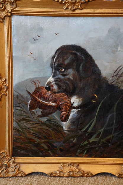 Antique Signed Hunting Dog Oil Painting