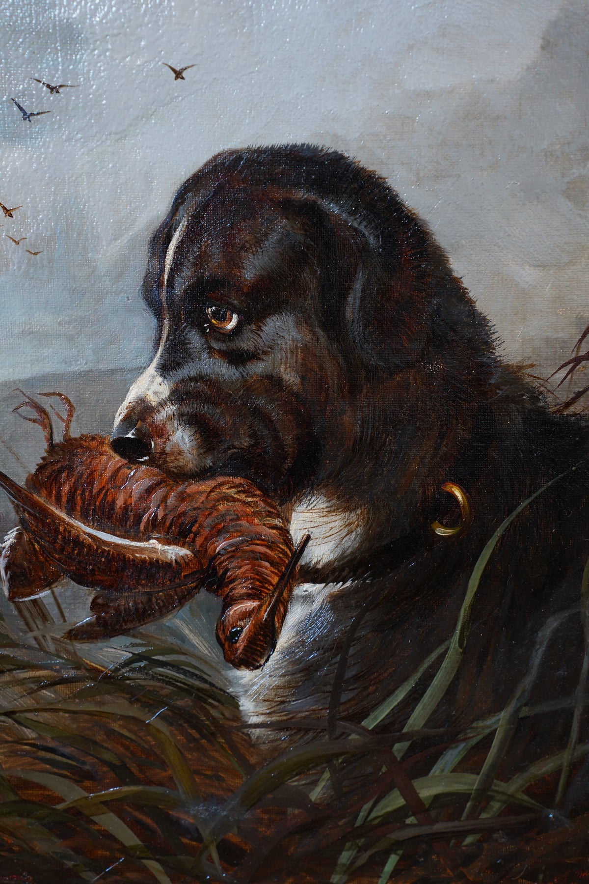 Antique Signed Hunting Dog Oil Painting