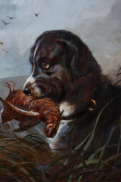 Antique Signed Hunting Dog Oil Painting