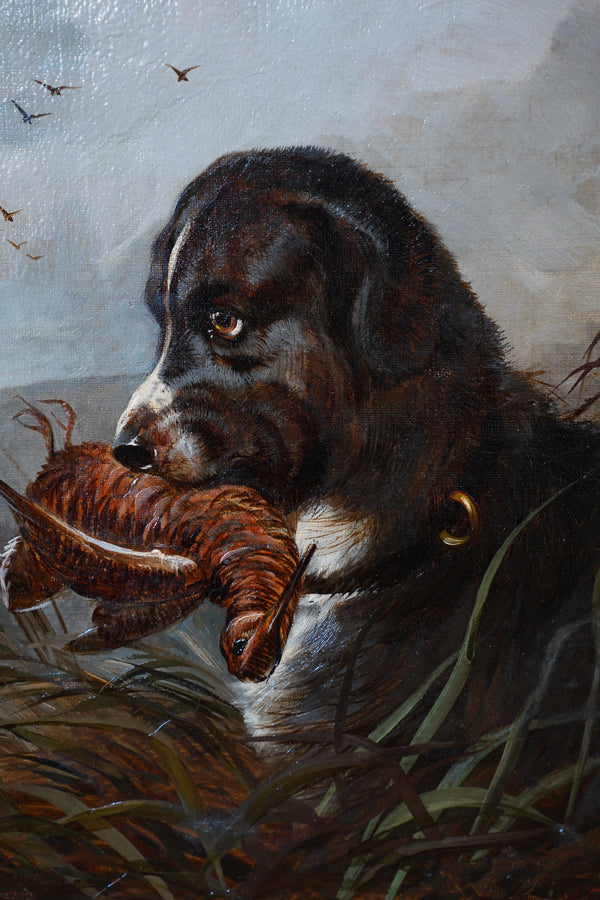 Antique Signed Hunting Dog Oil Painting secondary view