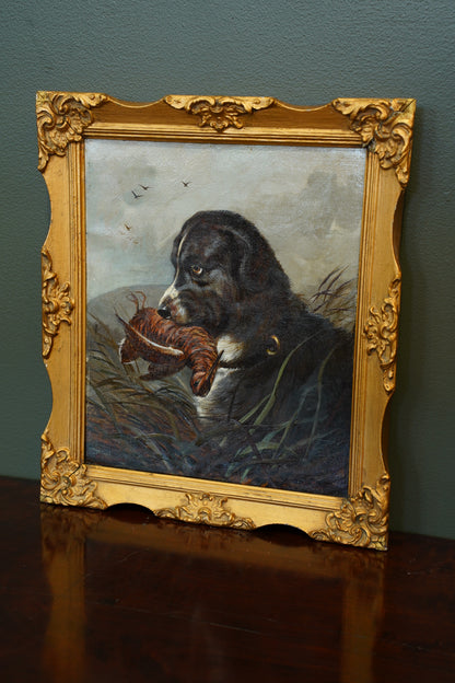 Antique Signed Hunting Dog Oil Painting