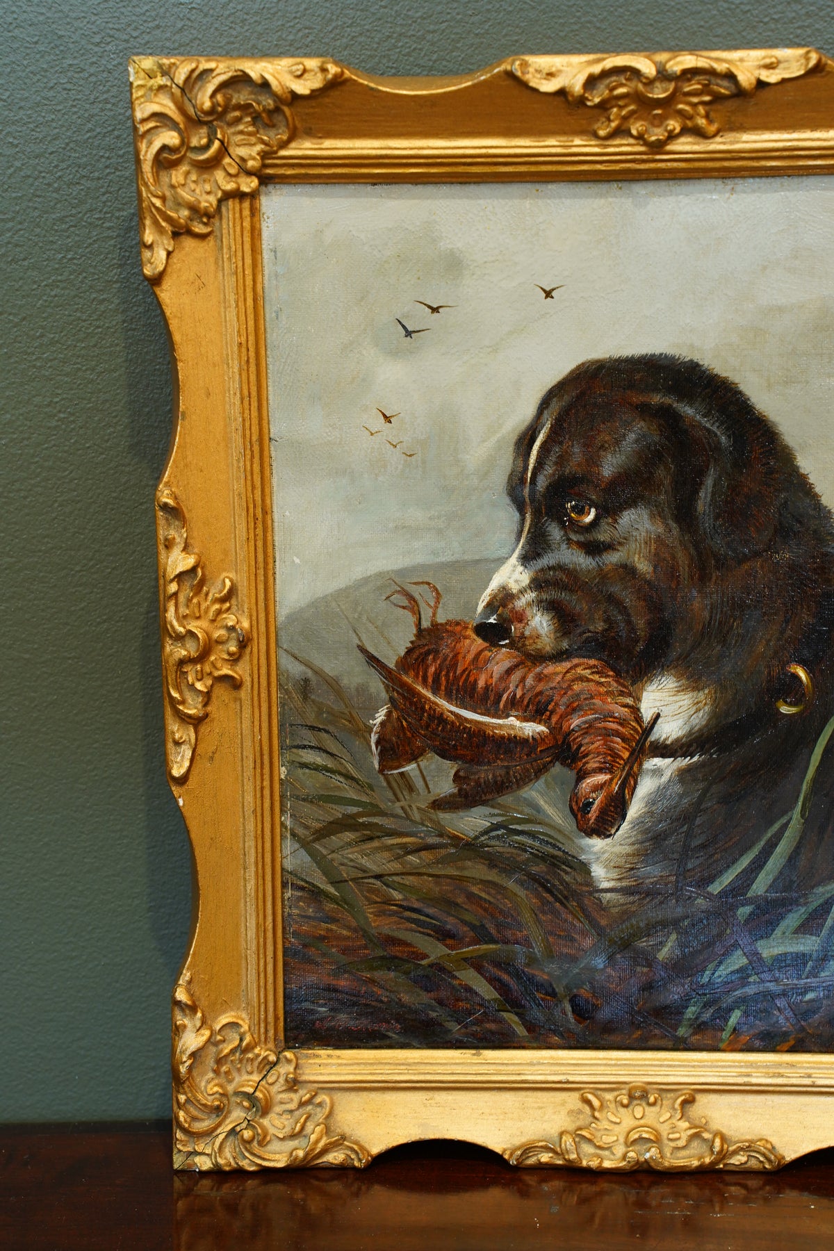 Antique Signed Hunting Dog Oil Painting
