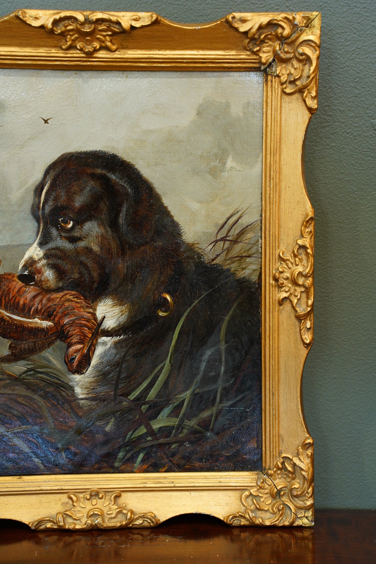 Antique Signed Hunting Dog Oil Painting