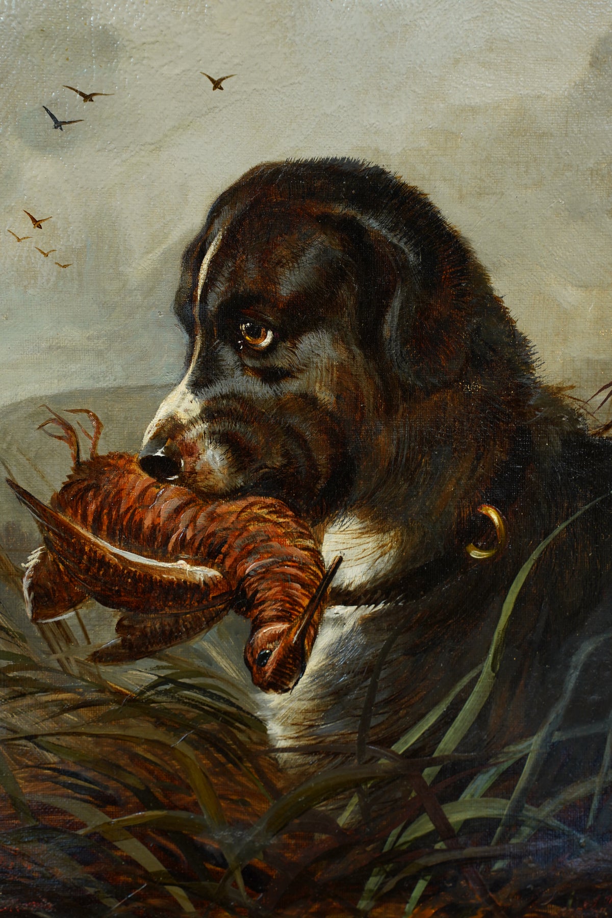 Antique Signed Hunting Dog Oil Painting