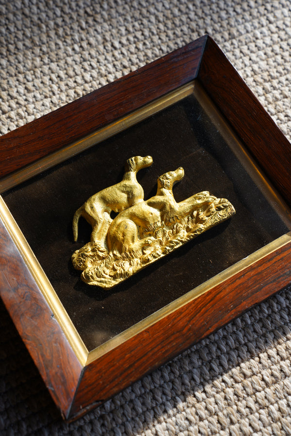 Antique Gilt Hunting Dog Relief, Rosewood Shadowbox Frame