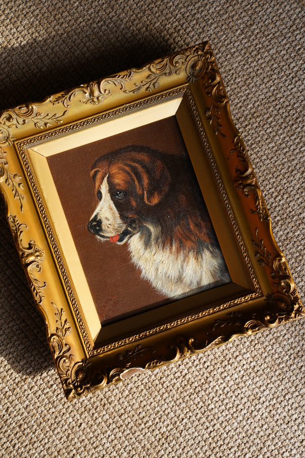 Antique Signed St. Bernard Dog Portrait Oil Painting secondary view