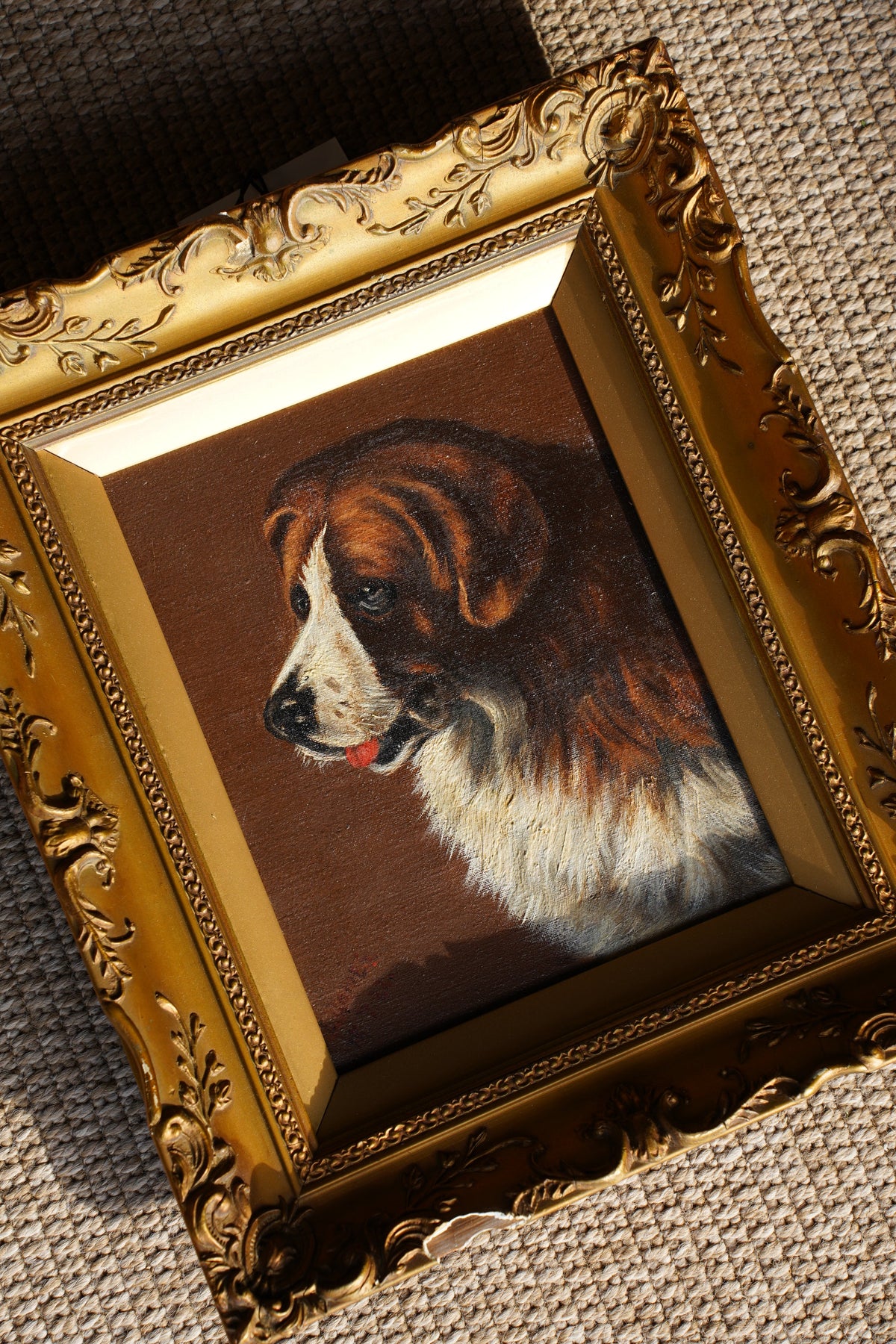 A framed custom pet portrait showing a brown and white dog looking upward, housed in an ornate gold frame, displayed on a textured beige fabric background.