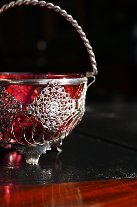 Antique English Silverplate Cranberry Glass Basket
