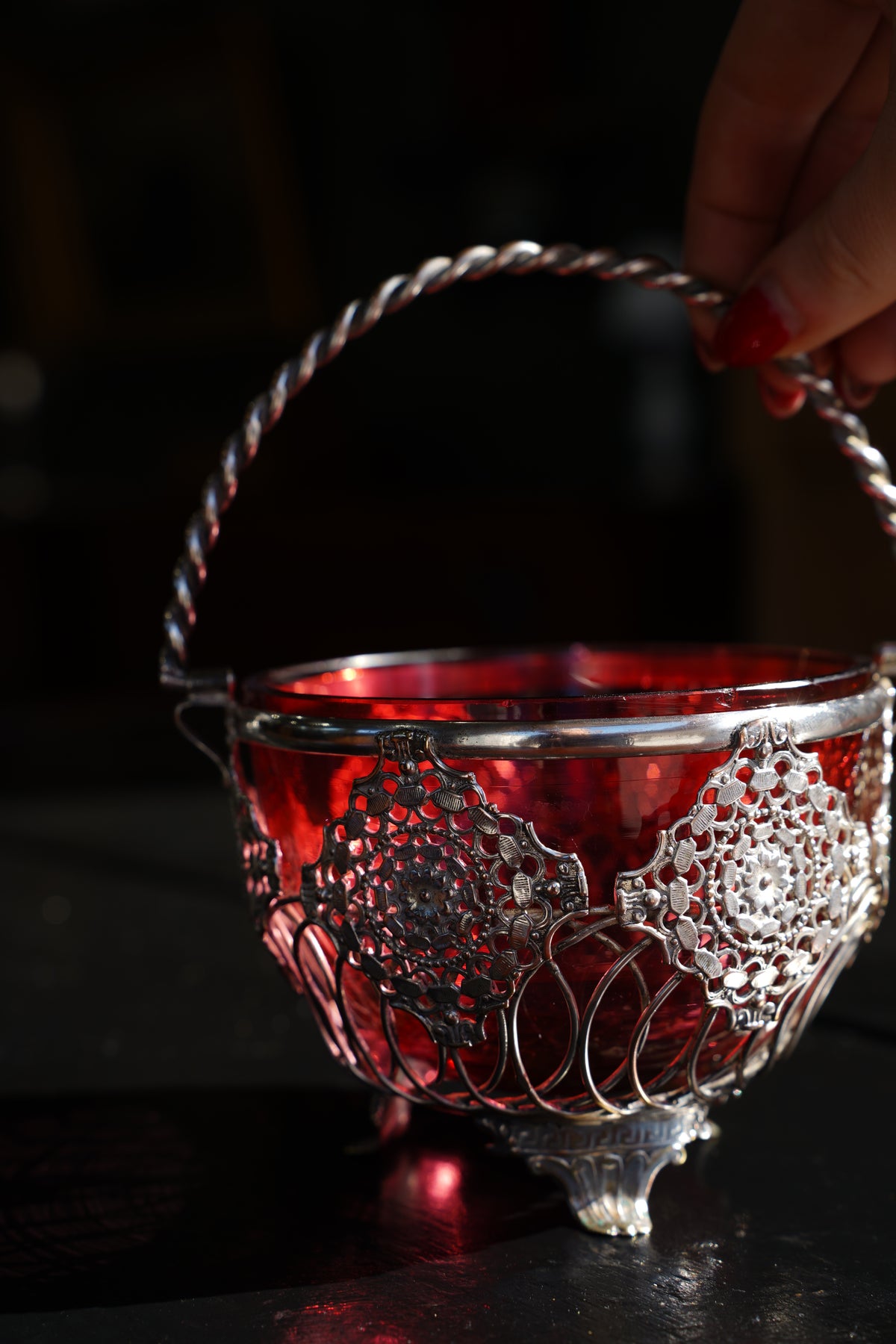 Antique English Silverplate Cranberry Glass Basket