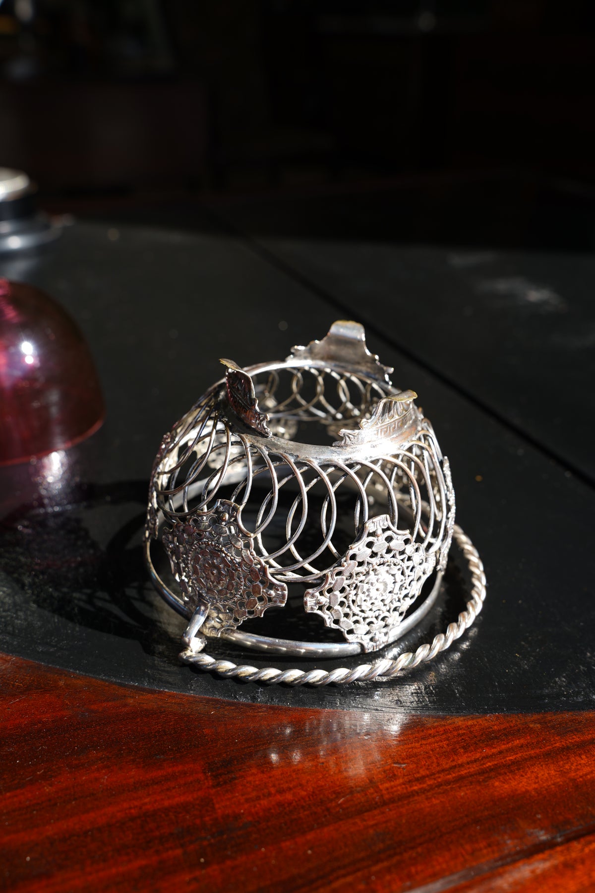 Antique English Silverplate Cranberry Glass Basket
