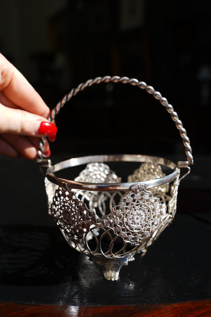 Antique English Silverplate Cranberry Glass Basket