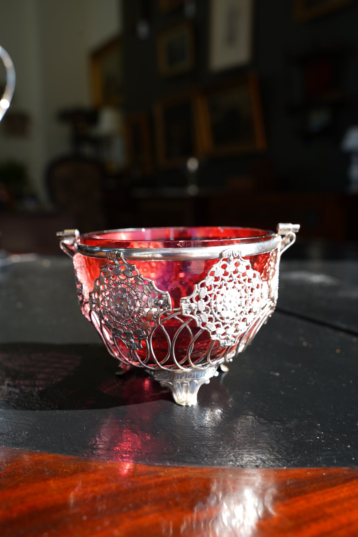 Antique English Silverplate Cranberry Glass Basket