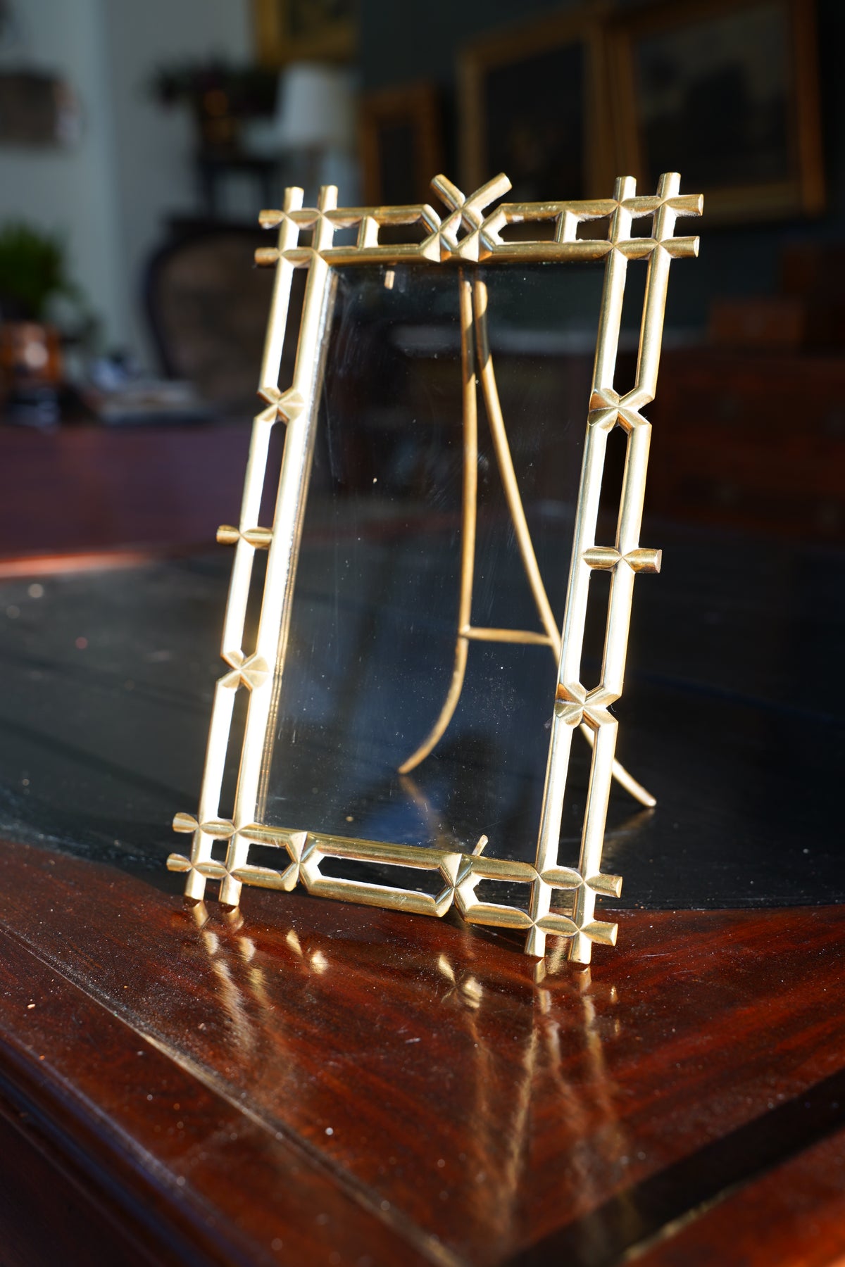 Antique Victorian Brass Easel Frame, Bamboo Lattice