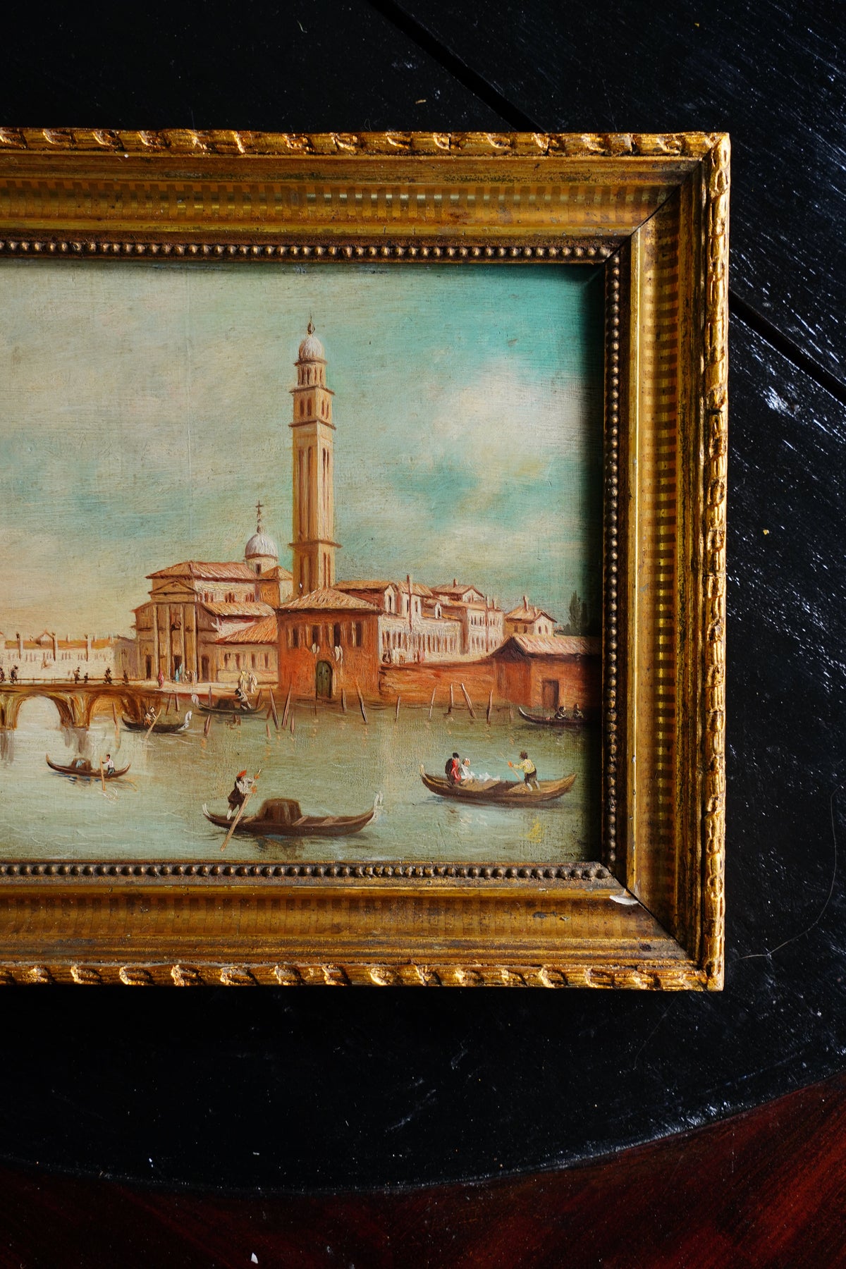 Antique Venice Canal Oil Painting on Panel