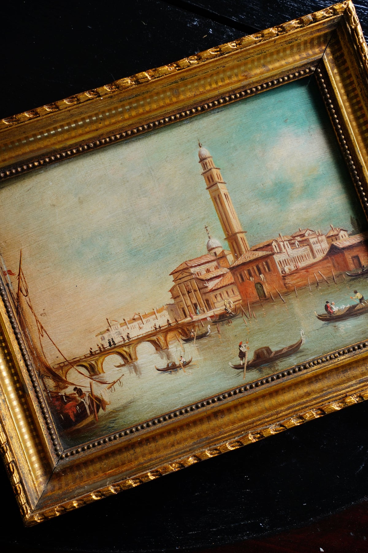 Antique Venice Canal Oil Painting on Panel