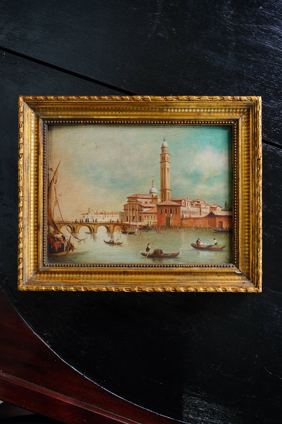 Antique Venice Canal Oil Painting on Panel