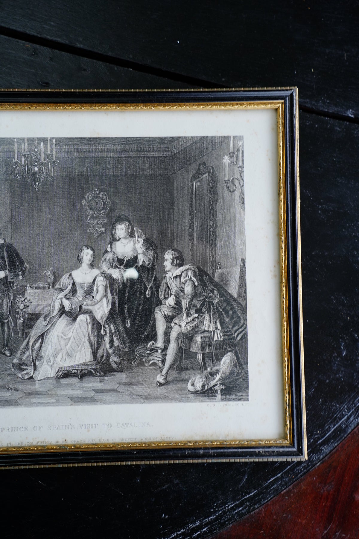 Antique Framed Spanish Court Scene Engraving, 19th Century
