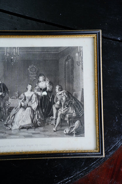 Antique Framed Spanish Court Scene Engraving, 19th Century