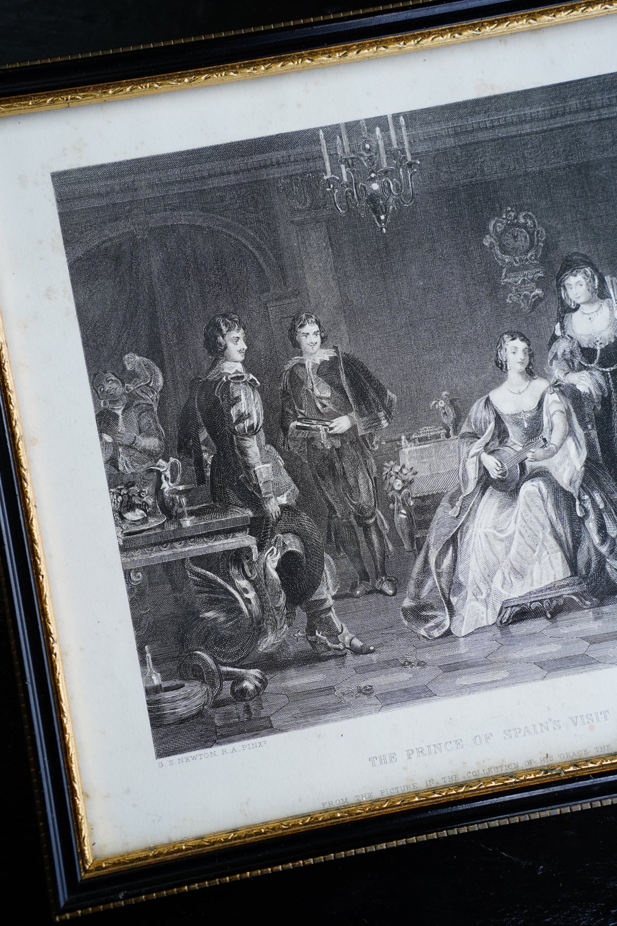 Antique Framed Spanish Court Scene Engraving, 19th Century