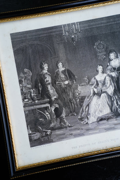 Antique Framed Spanish Court Scene Engraving, 19th Century
