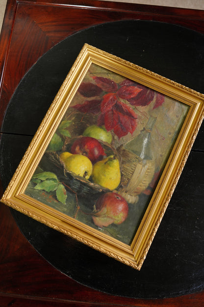 Antique Signed European Fruit Still Life Oil Painting, 1918