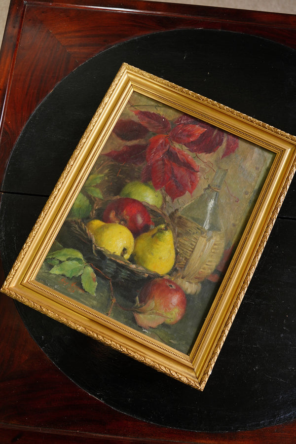 Antique Signed European Fruit Still Life Oil Painting, 1918