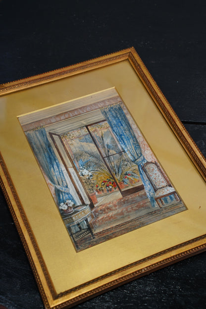 Antique English Interior Watercolor Painting, 1896