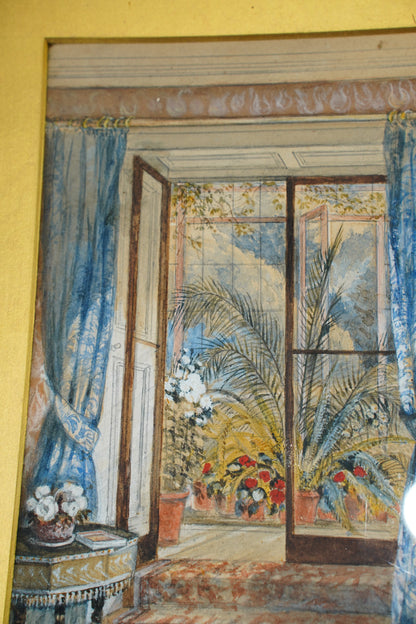 Antique English Interior Watercolor Painting, 1896