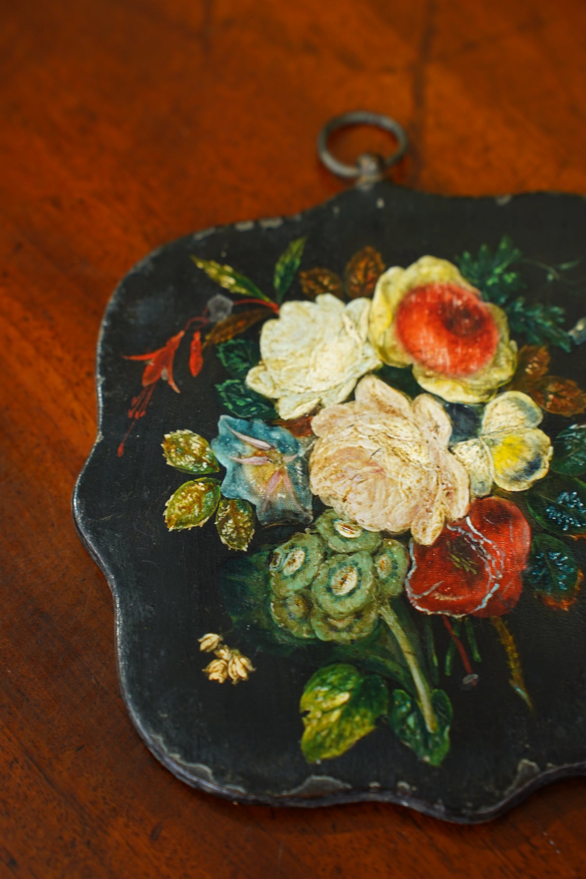 Antique Small Floral Oil Painting on Wood, Unframed