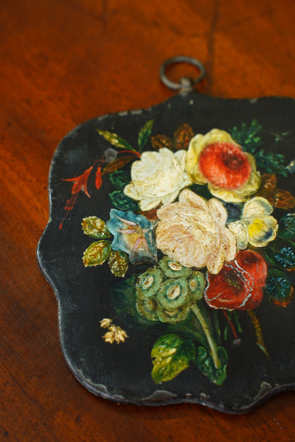 Antique Small Floral Oil Painting on Wood, Unframed