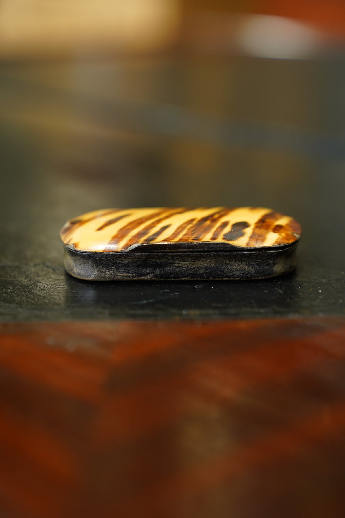 Antique English Snuff Box with Tortoiseshell Pattern Lid