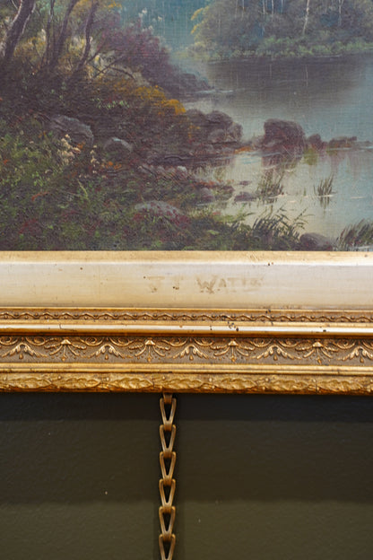 Antique Scottish Oil Painting of Loch Katrine Scotland, Signed J T Watts 1885