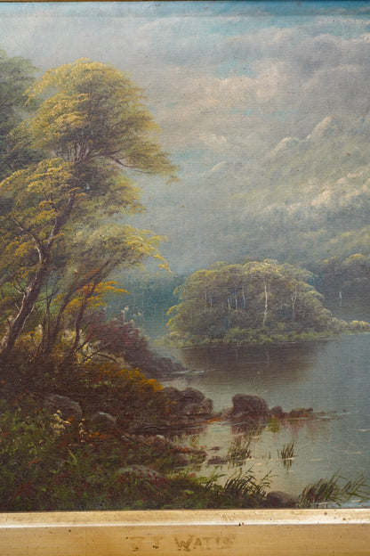Antique Scottish Oil Painting of Loch Katrine Scotland, Signed J T Watts 1885