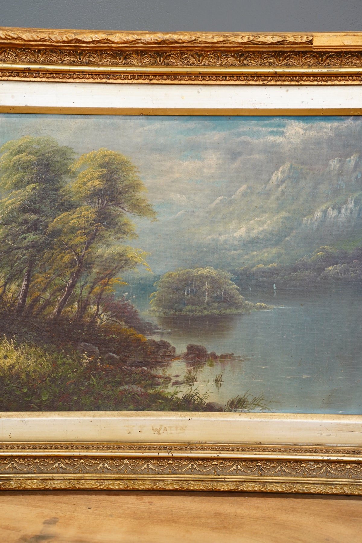 Antique Scottish Oil Painting of Loch Katrine Scotland, Signed J T Watts 1885