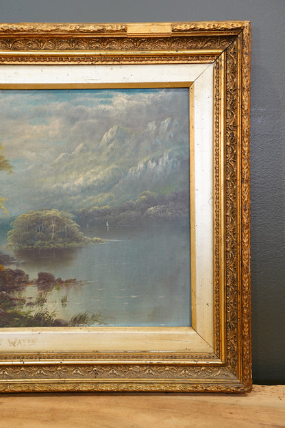Antique Scottish Oil Painting of Loch Katrine Scotland, Signed J T Watts 1885