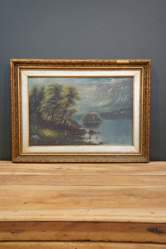 Antique Scottish Oil Painting of Loch Katrine Scotland, Signed J T Watts 1885