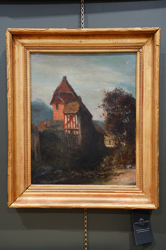Antique European Oil Painting Cottage Landscape, Normandy Style