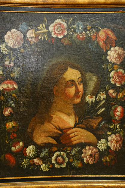 Antique Angel with Lilies Oil Painting in Flower Garland, 17th Century