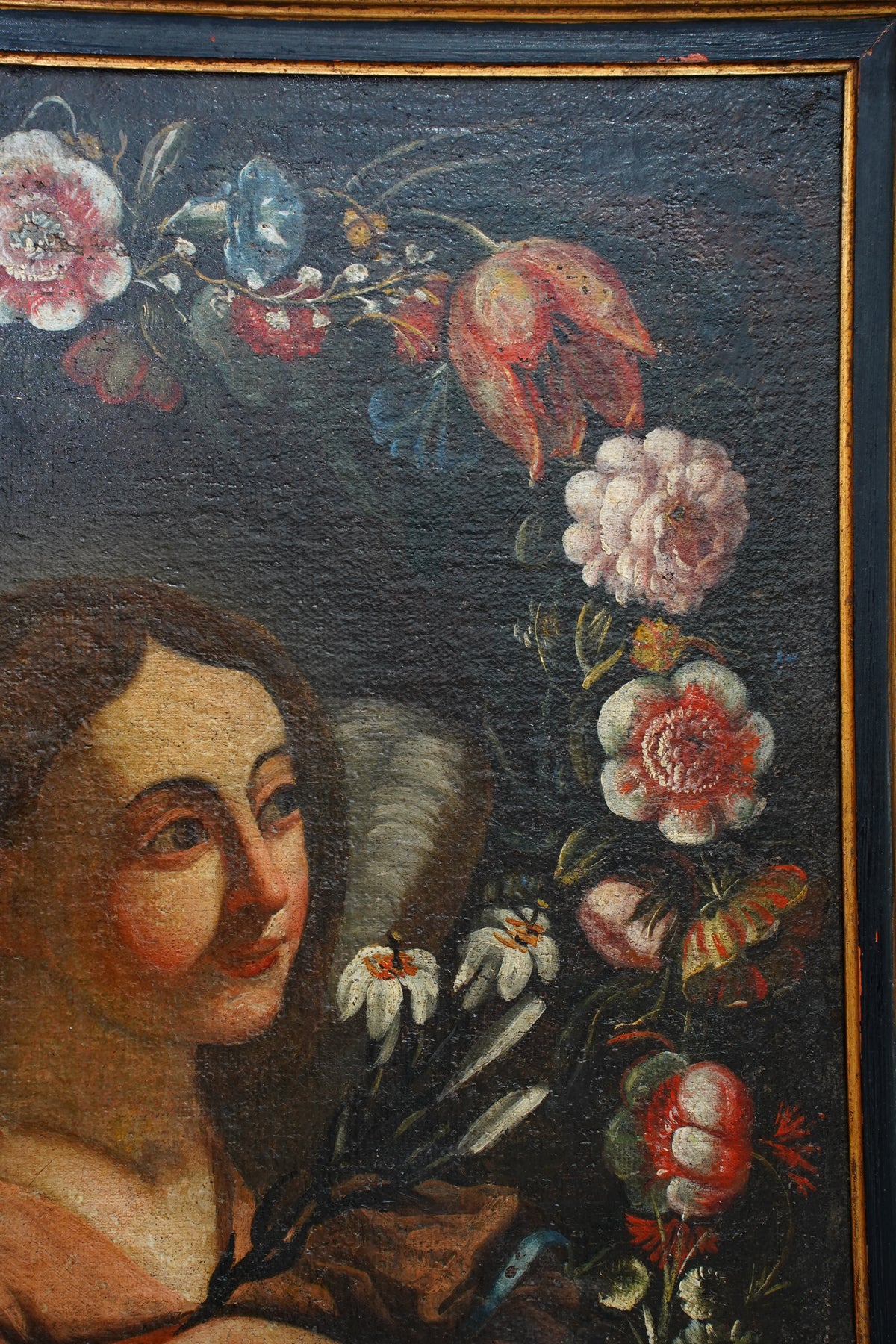 Antique Angel with Lilies Oil Painting in Flower Garland, 17th Century