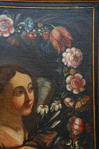 Antique Angel with Lilies Oil Painting in Flower Garland, 17th Century