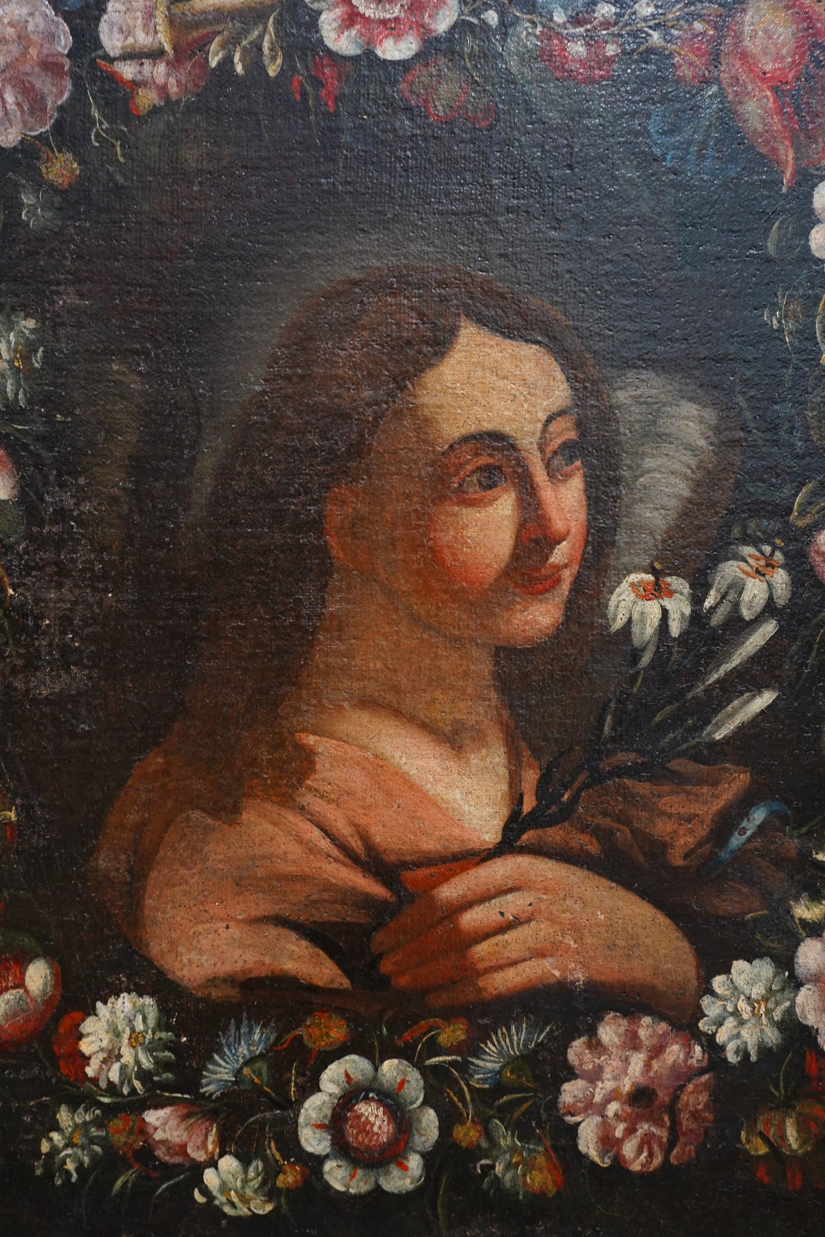 Antique Angel with Lilies Oil Painting in Flower Garland, 17th Century