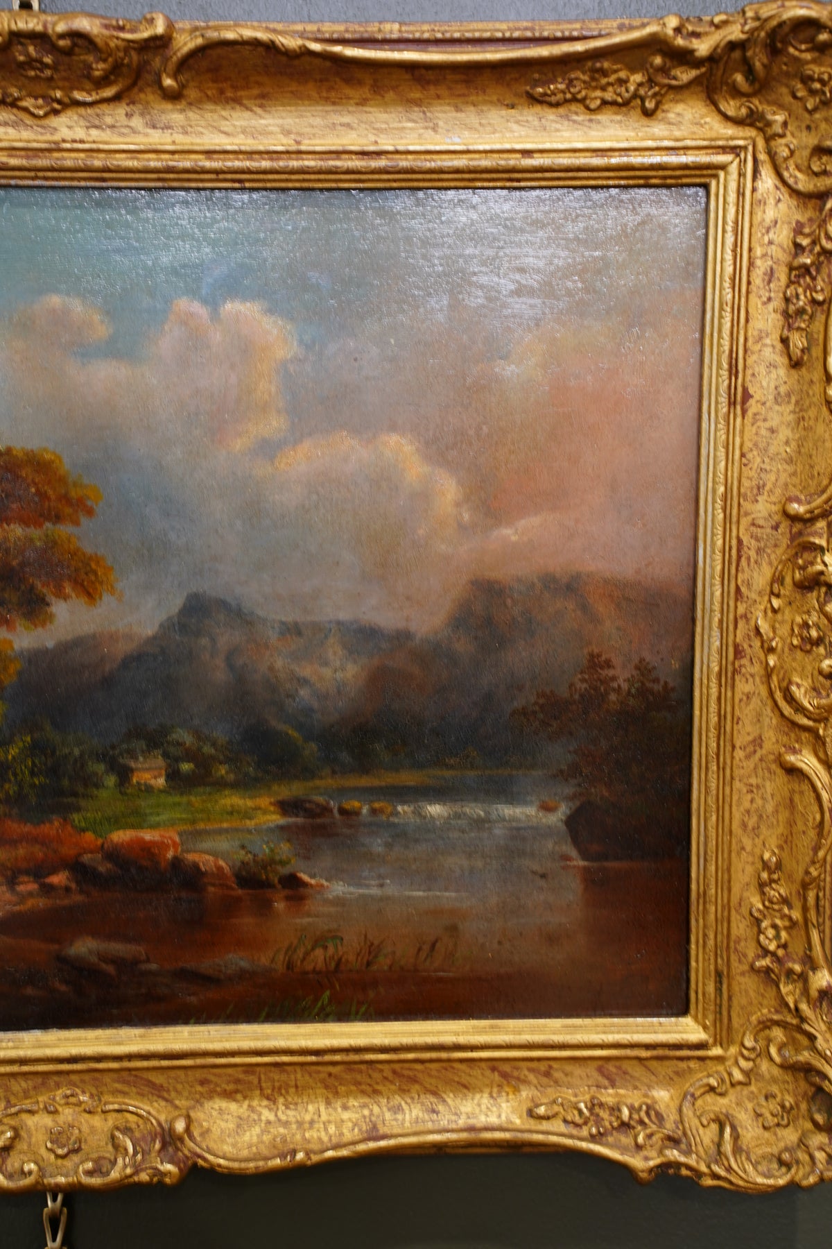 Antique Alpine Chalet Landscape Oil Painting, Late 1800s