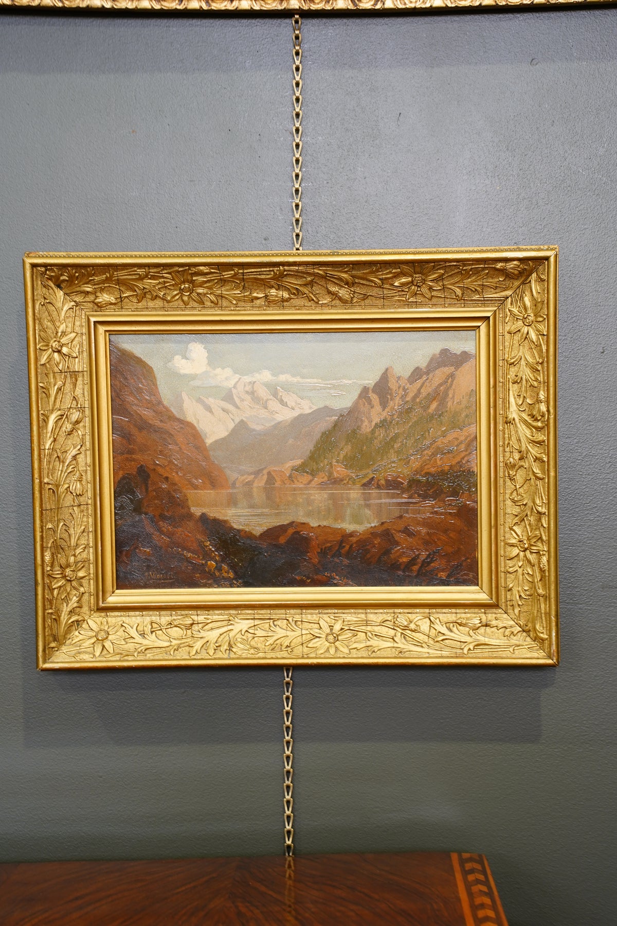 Antique Signed Alpine Lake Landscape Oil Painting