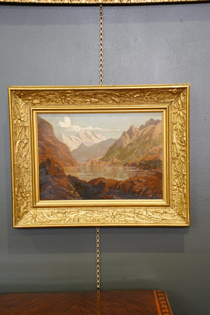 Antique Signed Alpine Lake Landscape Oil Painting