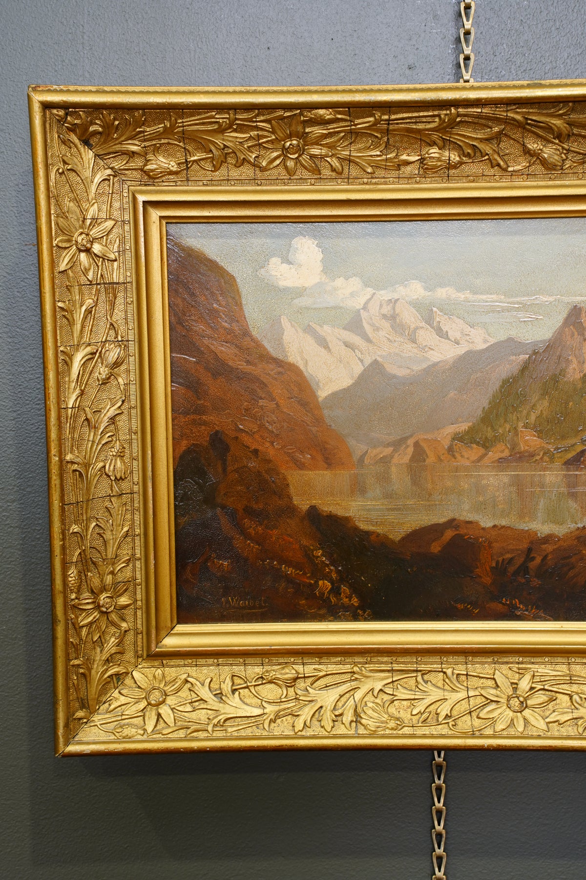 Antique Signed Alpine Lake Landscape Oil Painting