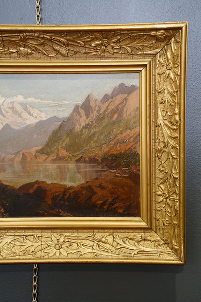 Antique Signed Alpine Lake Landscape Oil Painting