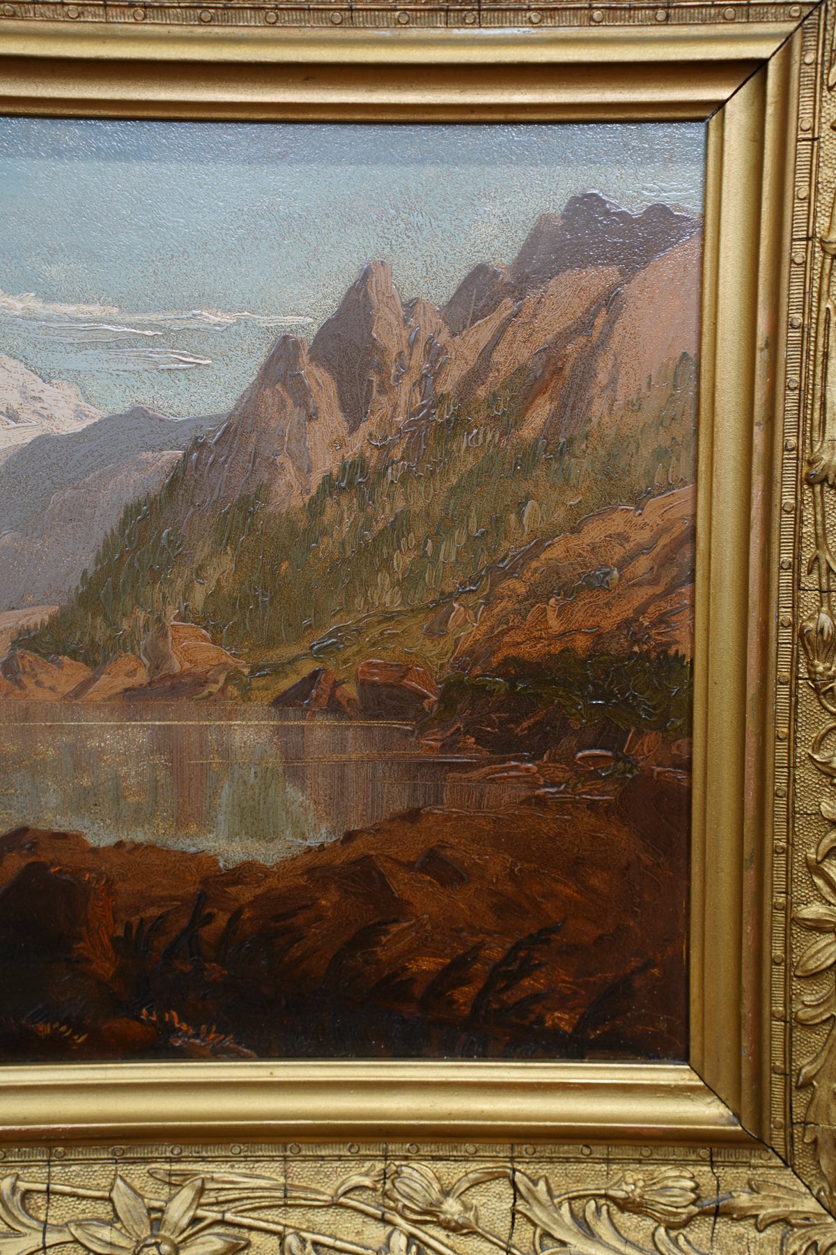 Antique Signed Alpine Lake Landscape Oil Painting